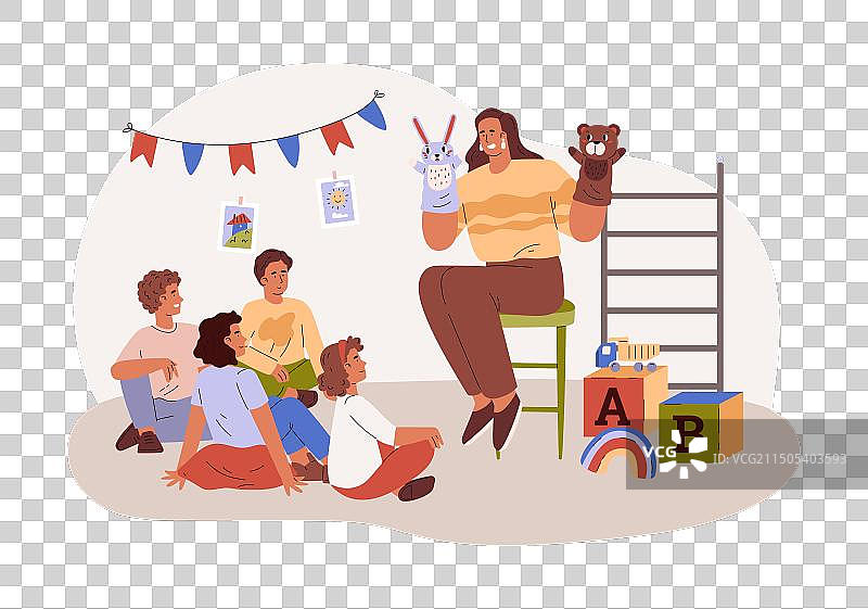 女人为孩子们表演手偶戏图片素材