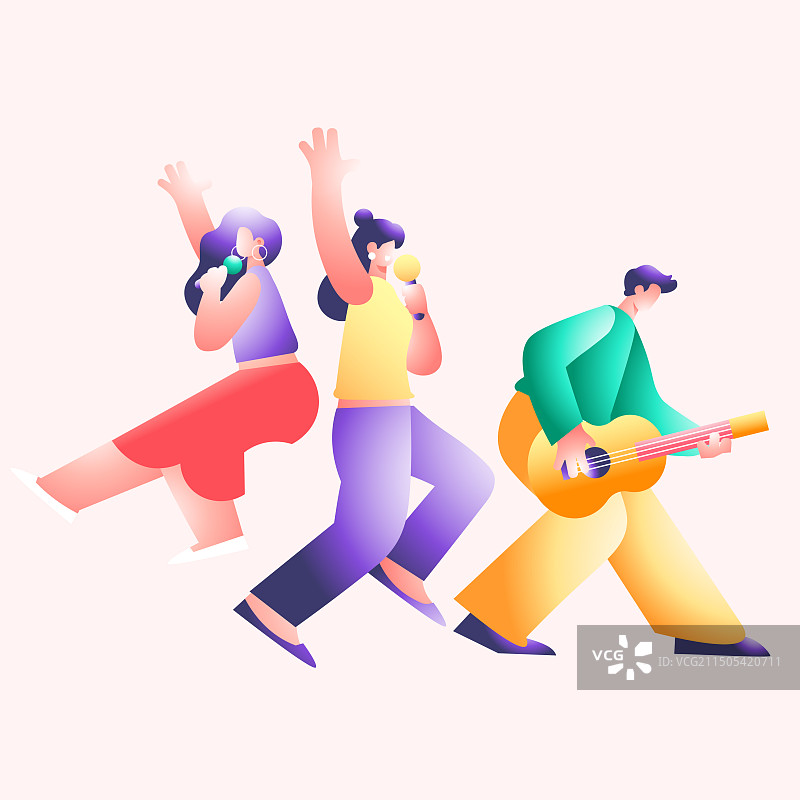 卡通夏天乐队唱歌娱乐休闲电商音乐节消费网购促销优惠购物节游戏电影朋友聚会邀请好友居家生活渐变矢量插画图片素材