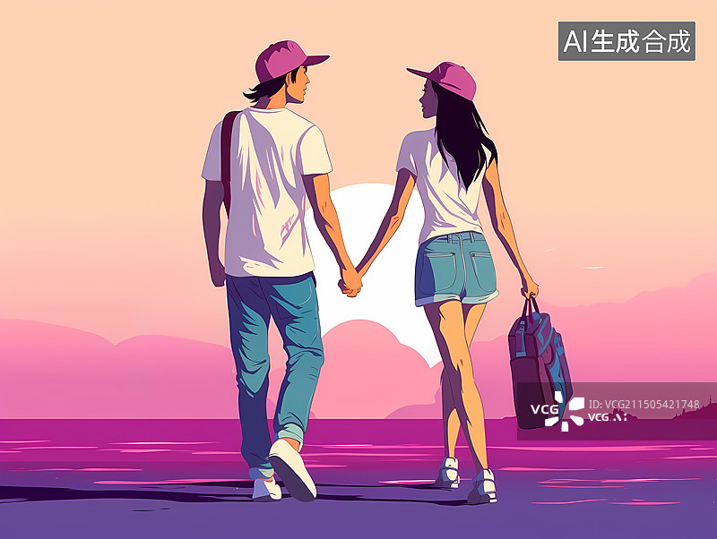【AI数字艺术】男女年轻人旅游出行插画图片素材