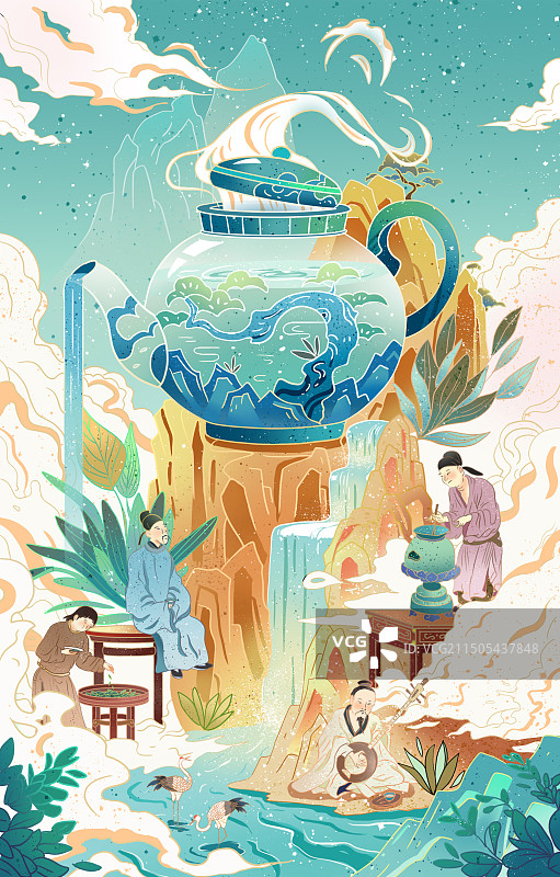 茶壶国风国潮节气节日传统茶文化曲水流觞炒茶西园雅集古人河流传统古风图片素材