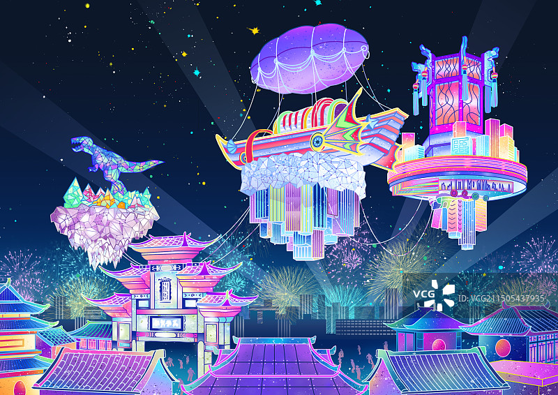 国潮自贡灯会赛博科幻霓虹灯未来科技海报插画锁屏壁纸横图片素材