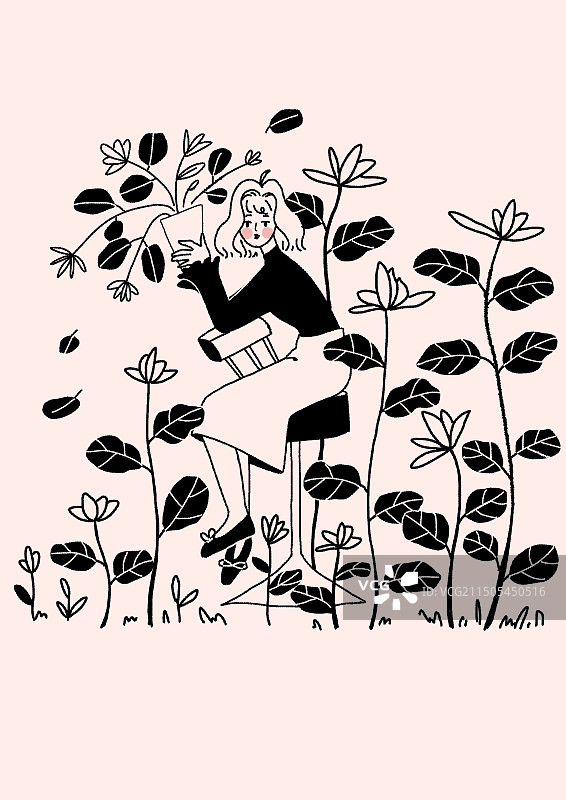 黑白简笔画坐姿花朵女孩图片素材