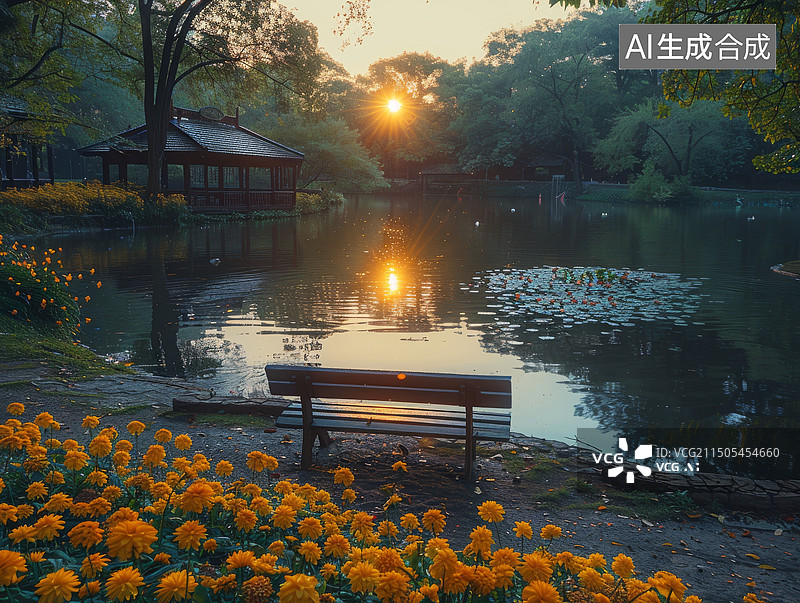 【AI数字艺术】公园中的树木花朵道路长椅小河摄影图图片素材