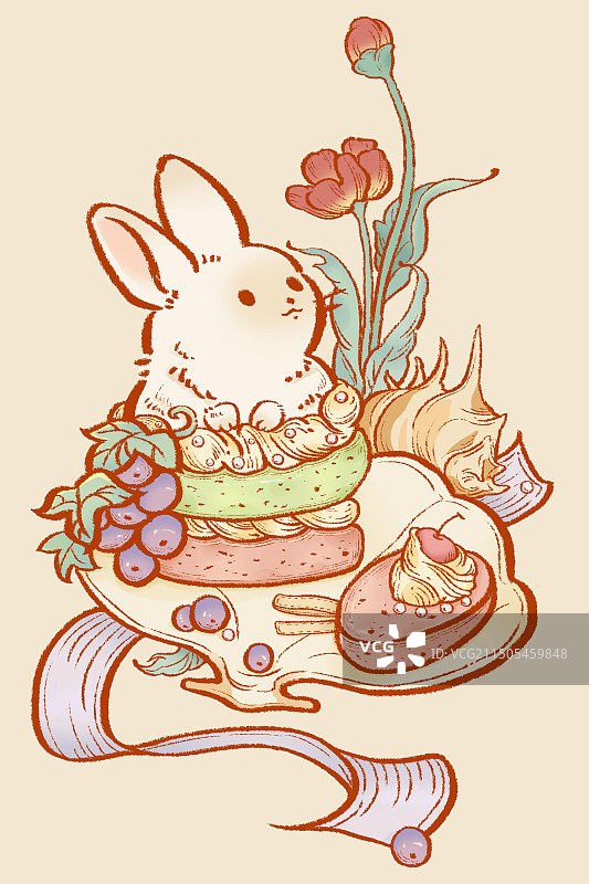 水果葡萄小蛋糕兔子可爱萌系肌理插画图片素材