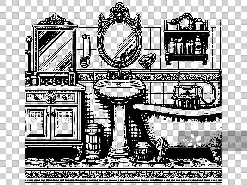 黑色复古手绘浴室设计图片素材