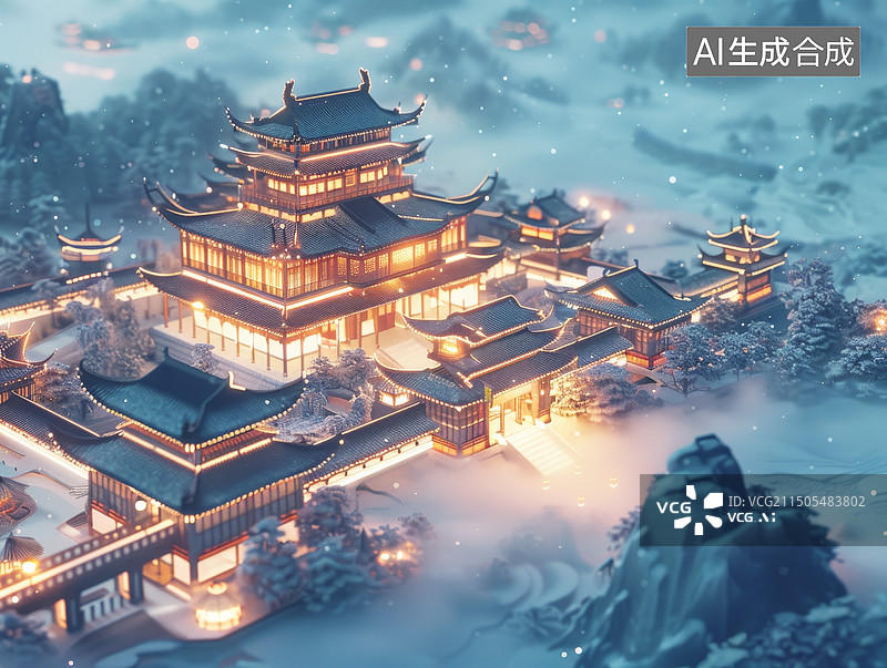 【AI数字艺术】古代阁楼在雪景中3D插画图片素材