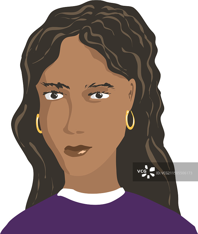 手绘头像女孩，长深色头发图片素材