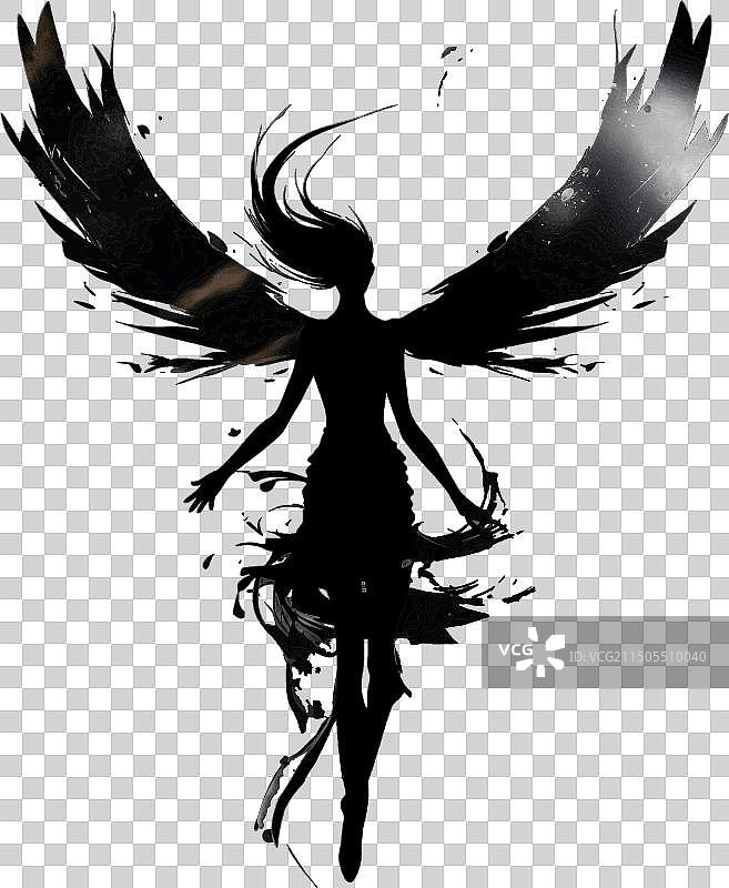 带翅膀的女人黑色剪影纹身图片素材
