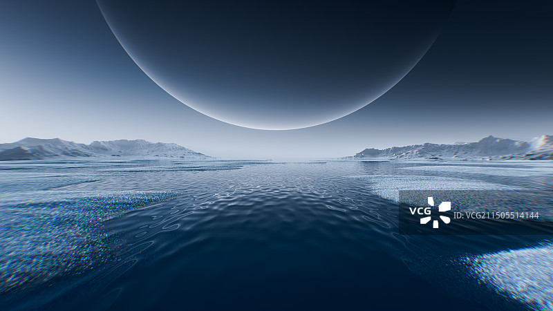 超现实山脉湖泊冰山草地梦幻星球3D渲染背景图片素材