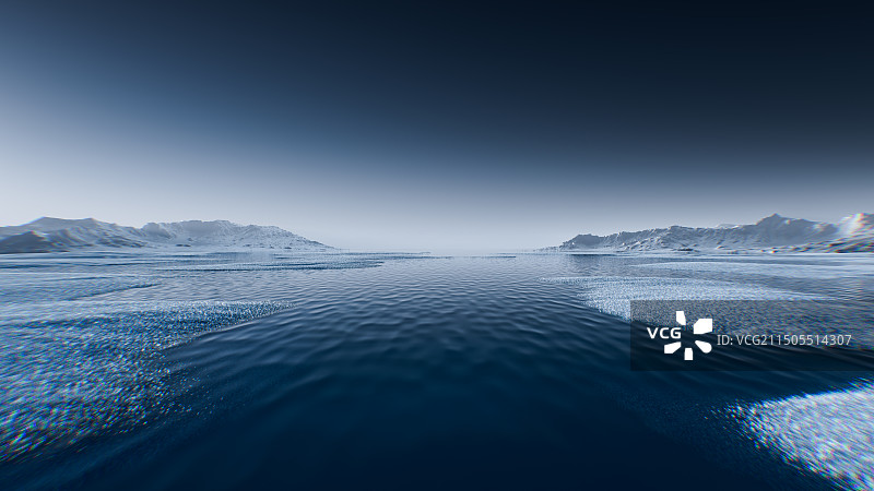 超现实山脉湖泊梦幻冰山草地3D渲染背景图片素材