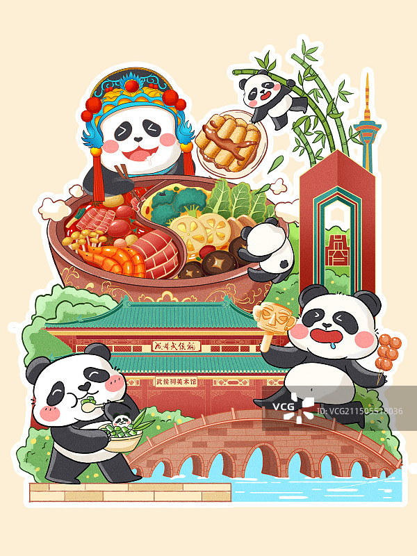 成都美食小吃建筑熊猫国风插画图片素材