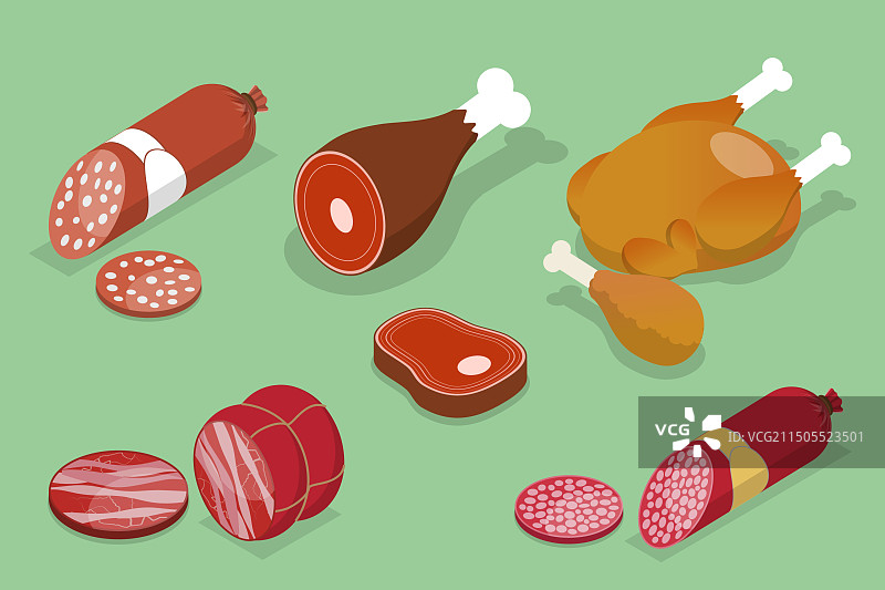 2.5D扁平风格新鲜农场肉类合集图片素材