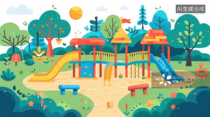 【AI数字艺术】六一儿童节亲子乐园儿童游乐场童年3D插画图片素材