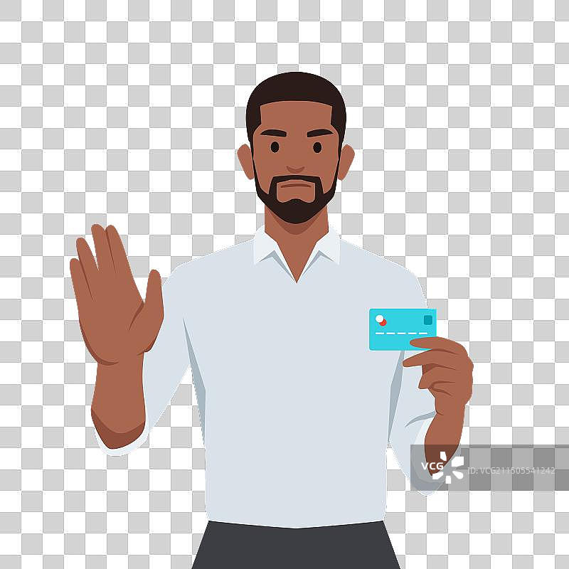 严肃的男人做出停止的手势并拿着信用卡图片素材