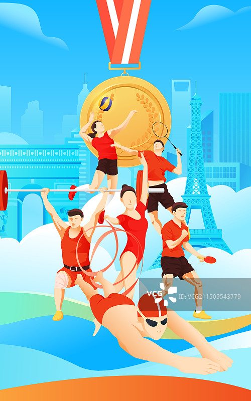 2024巴黎奥运会中国运动员人物矢量插画海报图片素材