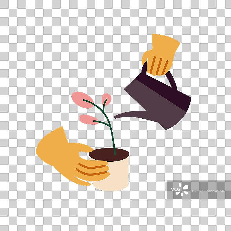 角色用喷壶照料室内盆栽植物图片素材