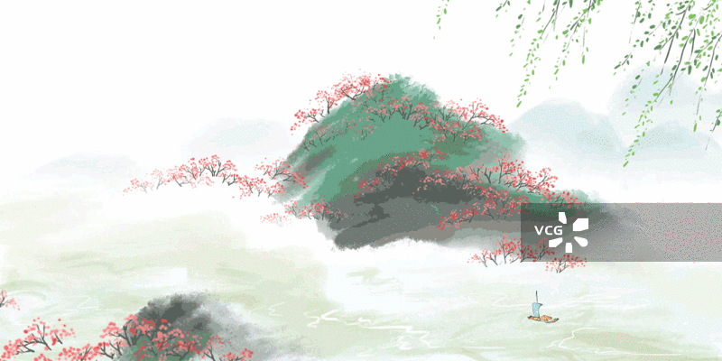 桃花岛，桃花，山，水域，湖泊，船，视频，动画，水彩插画风格图片素材