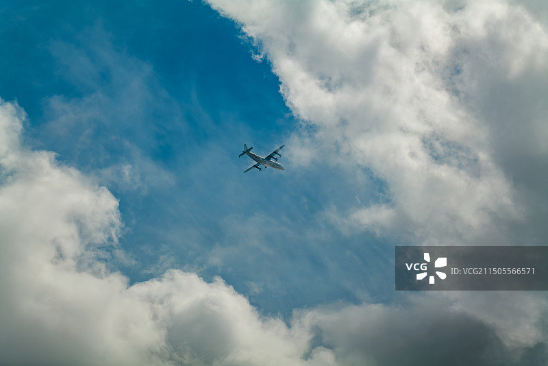 伊尔76运输机在多云天空中飞行的低角度视图图片素材