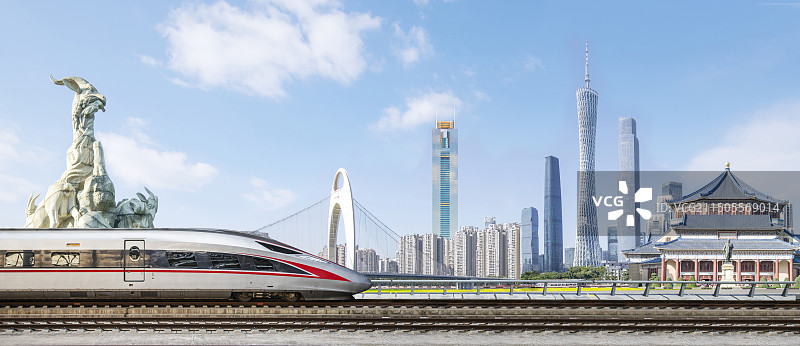广州城市地标建筑和复兴号高铁列车动车组旅游风景背景图图片素材