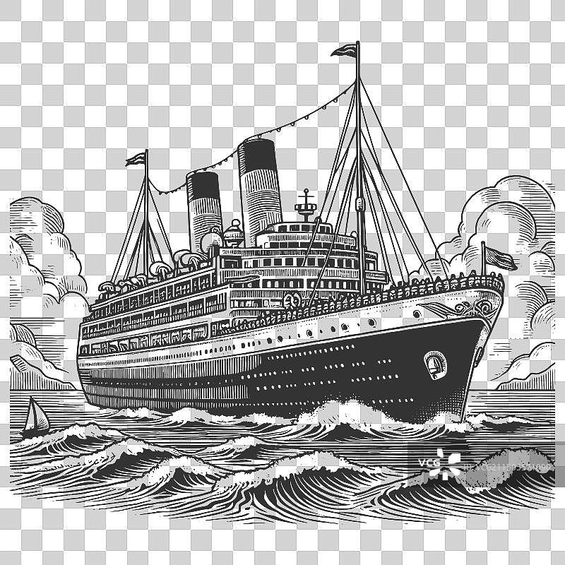海浪中航行的远洋客轮素描图片素材