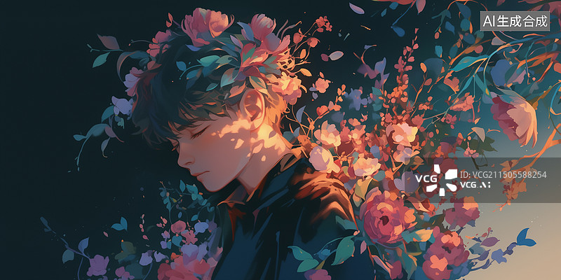 【AI数字艺术】黑底头戴鲜花的梦幻男孩人物头像插画绘画图片素材