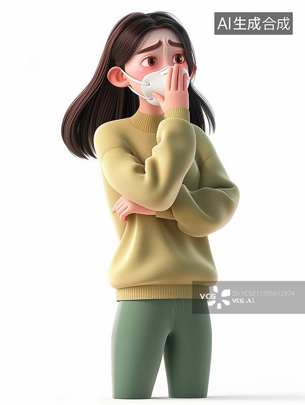 【AI数字艺术】3D戴口罩人物生病发烧感冒头晕图片素材