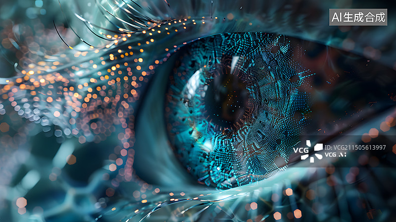 【AI数字艺术】人眼瞳孔特写，未来生物识别和安全概念图片素材