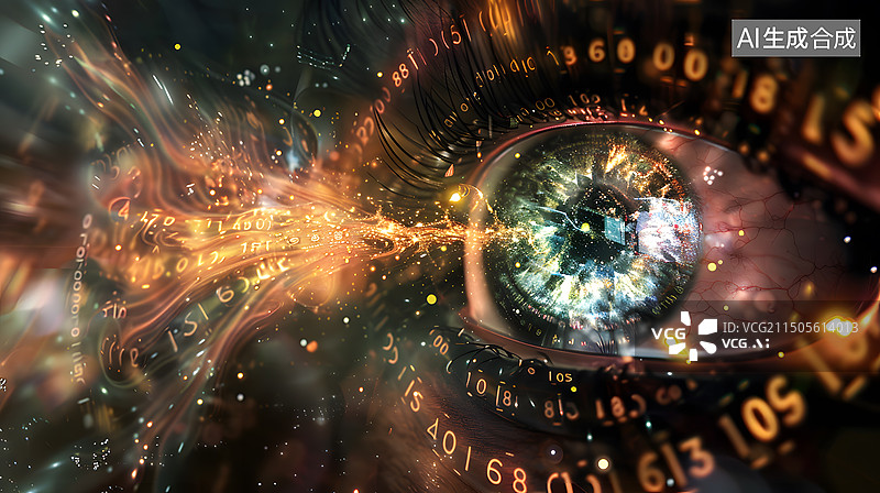【AI数字艺术】人眼瞳孔特写，未来生物识别和安全概念图片素材