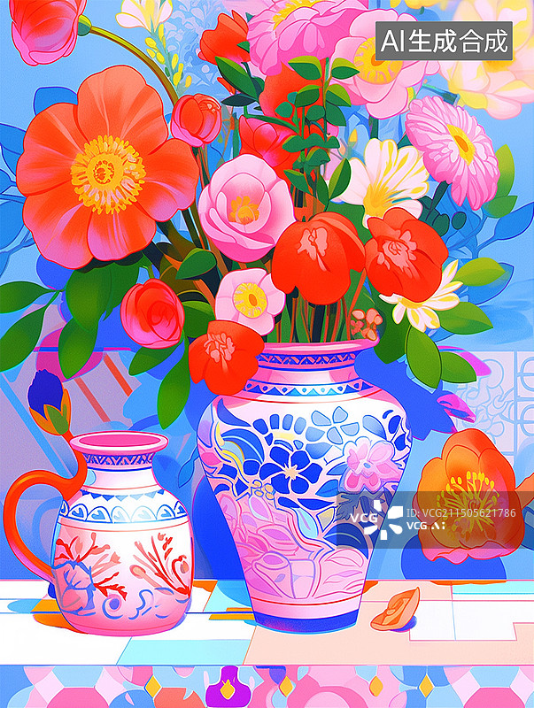 【AI数字艺术】花瓶瓷器中国洛可可油画装饰画花瓶花朵牡丹芍药锁屏壁纸清新油画马蒂斯野兽派图片素材