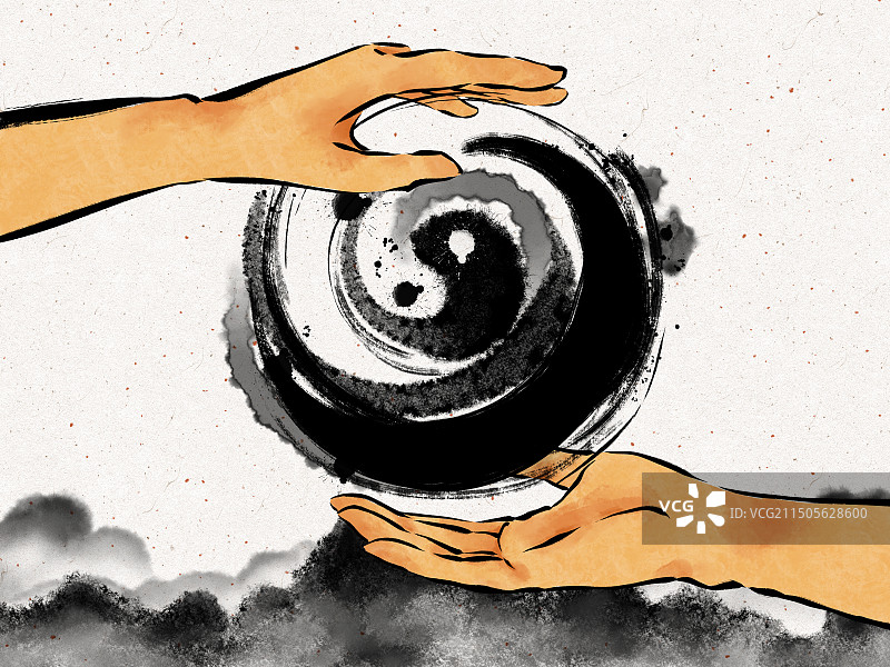 中国风水墨画太极系列插画，金木水火土，武术武林武侠，传统文化传承，理疗保健中医养生健身瘦身锻炼运动。图片素材