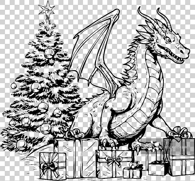 带有圣诞礼物盒的可爱龙形象图片素材
