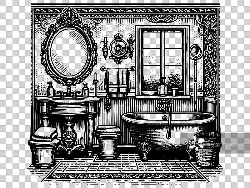 黑色复古手绘浴室设计图片素材