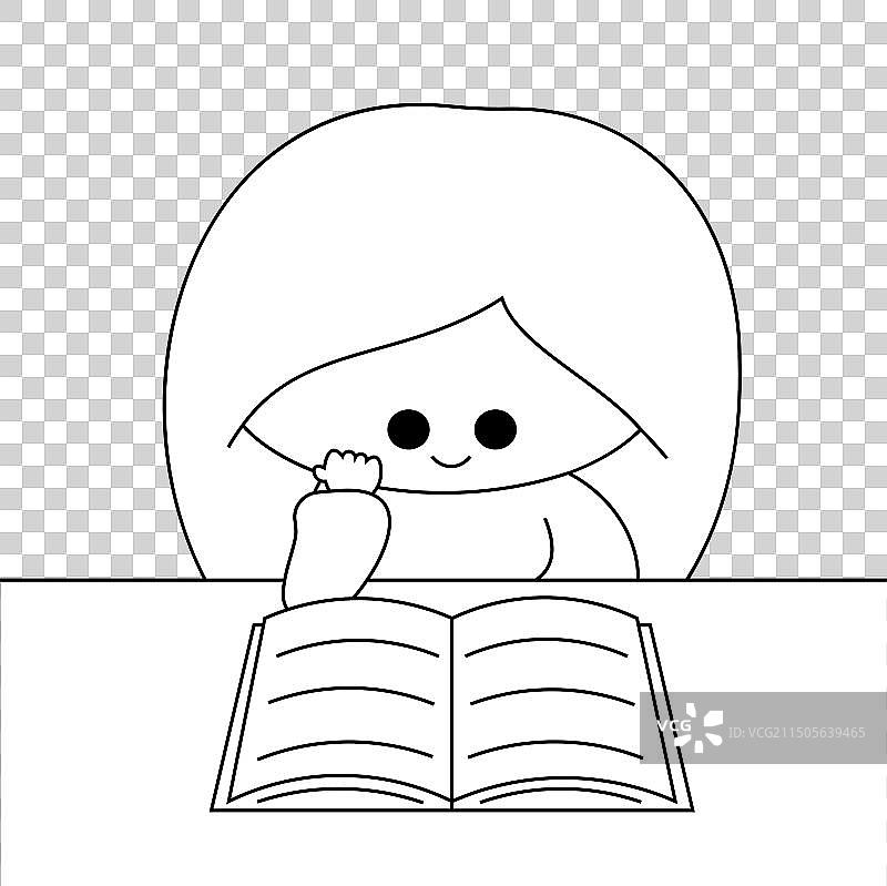 黑白阅读的可爱卡通女孩图片素材