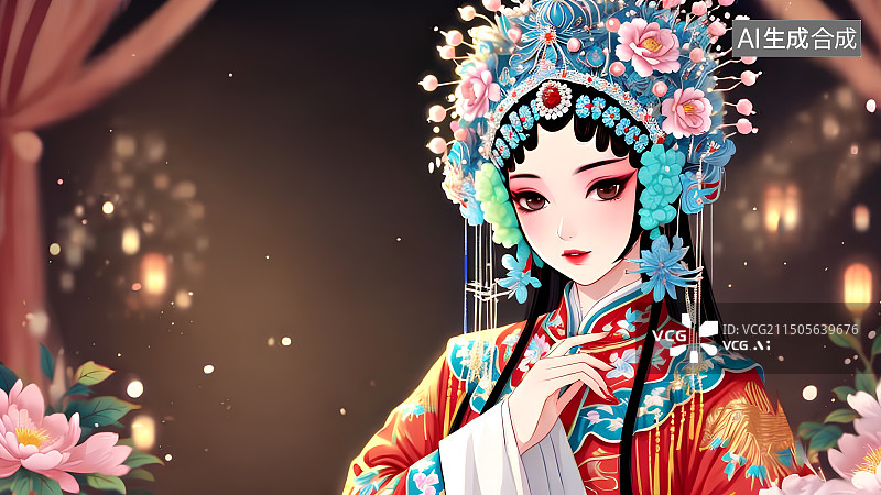 【AI数字艺术】国潮风人物插画，京剧戏曲元素，青衣，花旦，红色戏妆少女，美人，凤冠霞帔图片素材