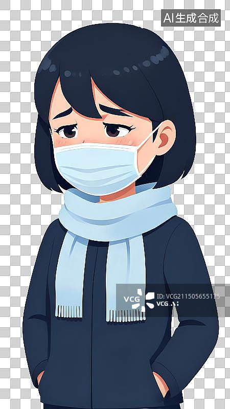 【AI数字艺术】卡通人物，一个生病难受的女孩，流感，风热风寒感冒，发热发烧，头晕头疼乏力虚弱，女性，年轻人，戴口罩图片素材