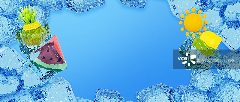 3D立体夏天清凉一夏冰块边框清凉元素海报模板背景图片素材