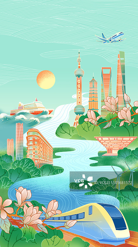 国潮国风上海地标建筑手绘插画图片素材