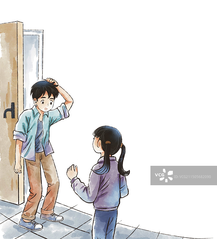 彩色插画插图卡通人物手绘水彩风格女孩男孩说话哥哥妹妹面对面图片素材