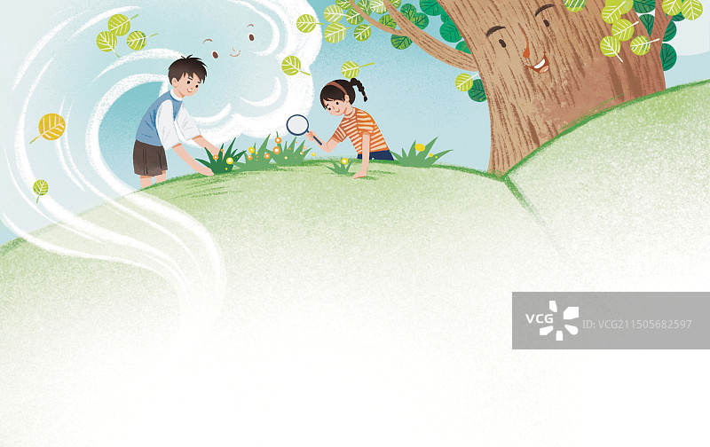 彩色插画插图卡通人物手绘男孩在花园赏花摘花学生课外课堂大自然手拿放大镜花花草草树林捕捉夏季图片素材