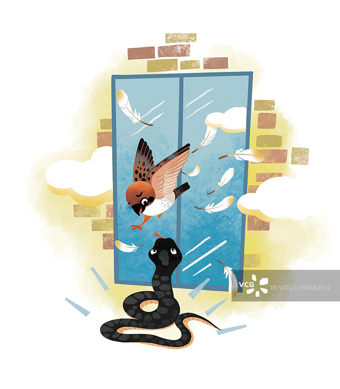 彩色 插画插图 手绘 卡通 麻雀 蛇 动物 争斗图片素材