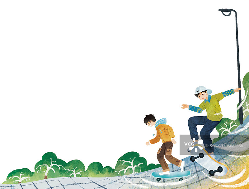 彩色 插画插图 手绘 卡通 男生 男孩 玩滑板 运动 爱好 广场 快乐图片素材