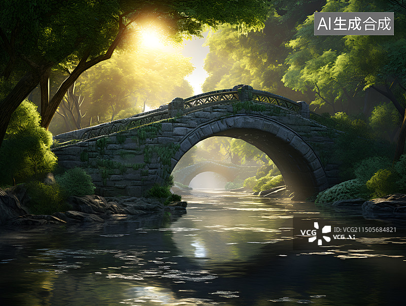 【AI数字艺术】清晨的阳光照在公园的拱桥上图片素材