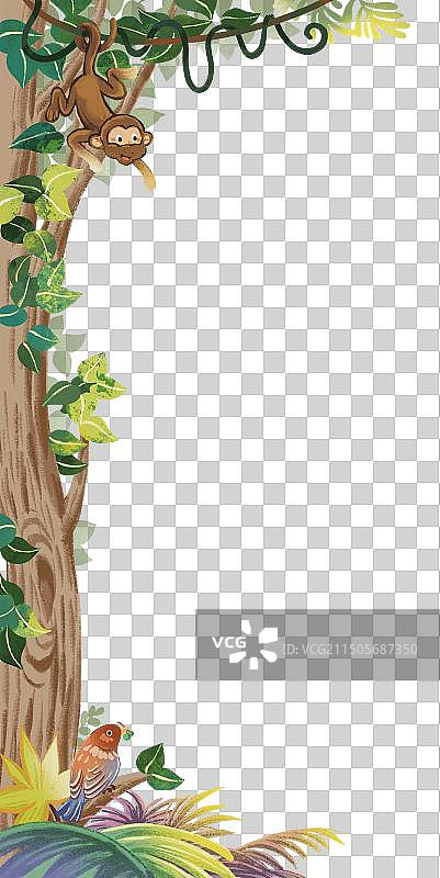 彩色 插画插图 卡通手绘 大自然 猴子 小鸟 森林 热带一景 夏季图片素材