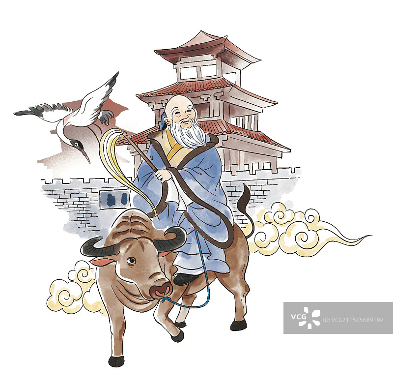 彩色 插画插图 卡通手绘 古代人物 历史故事 成语故事 老子骑牛 紫气东来 水彩风 典故 文学图片素材