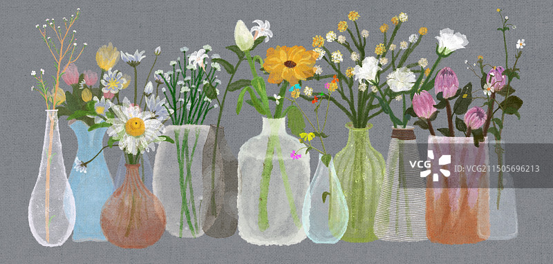 一排十二个插花的透明花瓶图片素材