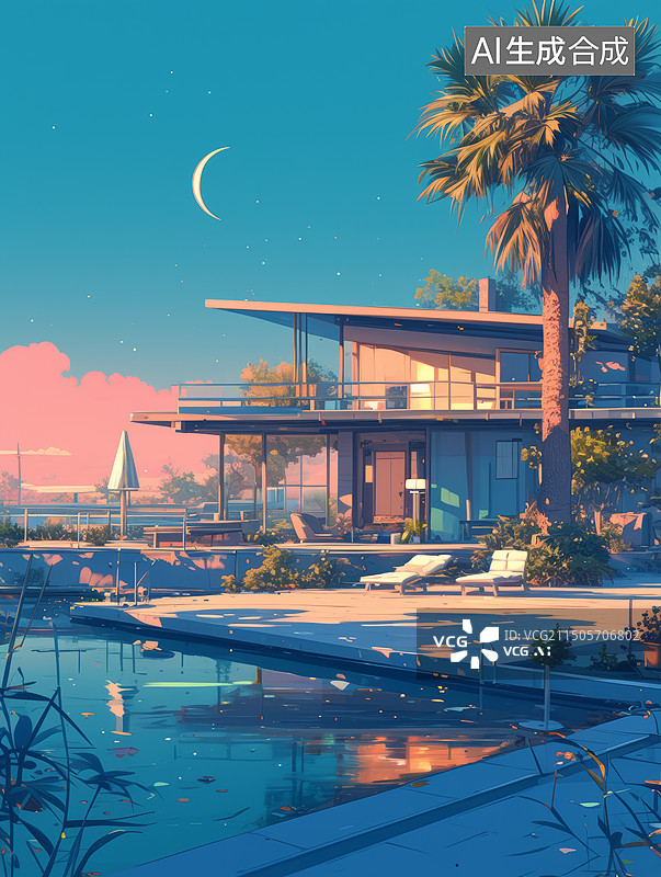 【AI数字艺术】宁静的水边住宅与游泳池图片素材