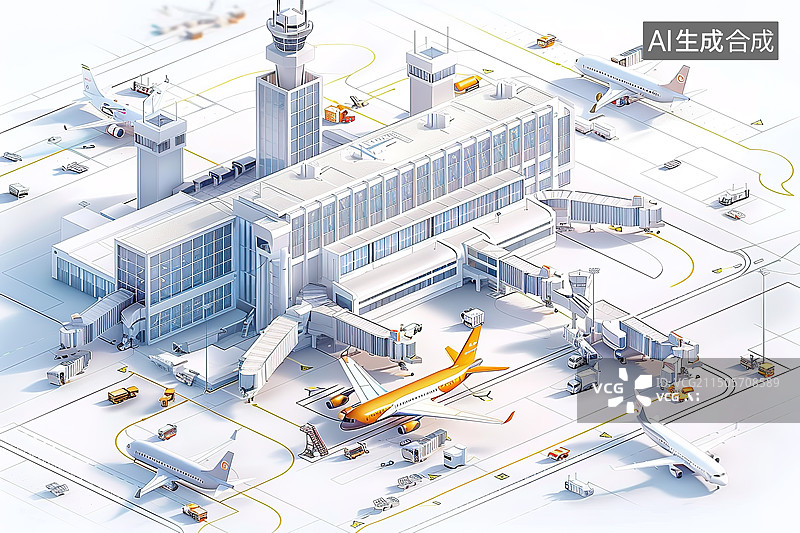 【AI数字艺术】2.5D白色背景下机场航站楼插画图片素材