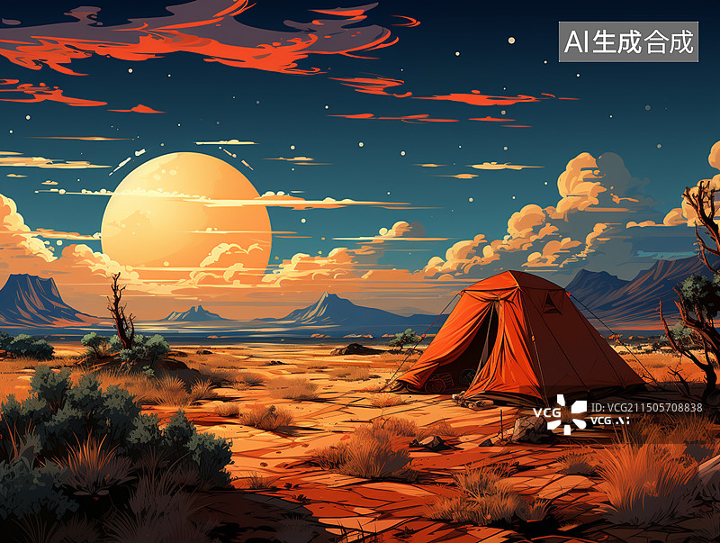 【AI数字艺术】穿越橙色沙漠，目标雪山的未来探险队图片素材