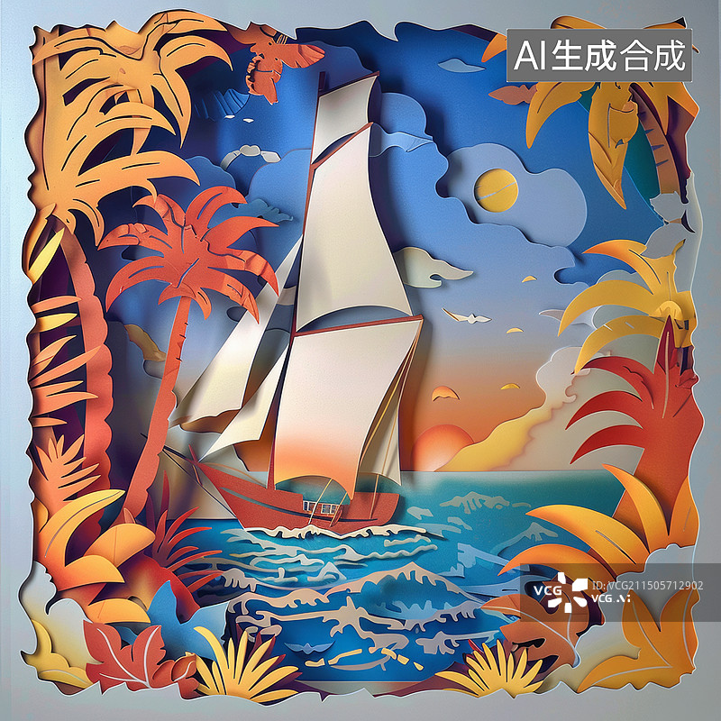 【AI数字艺术】剪纸艺术创意插画——在海面航行的帆船图片素材