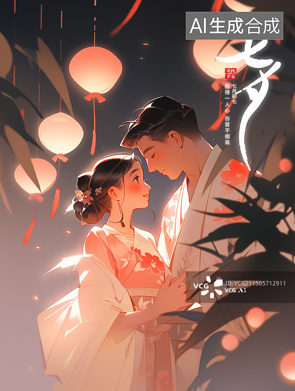 【AI数字艺术】七夕情人节情侣约会牛郎织女鹊桥相会插画海报模版 古典风格的情侣月光和灯笼下拥抱 竖版图片素材